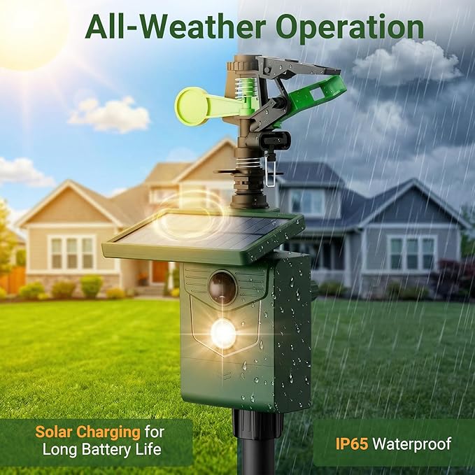 Solar Ultrasonic Animal Sprinkler Repeller with Motion Sensor Deer Repellent Motion Activated Sprinklers for Animal Deterrent Flashing Lights Cat Birds Dog Squirrel for Vegetable Plot Orchard Garden