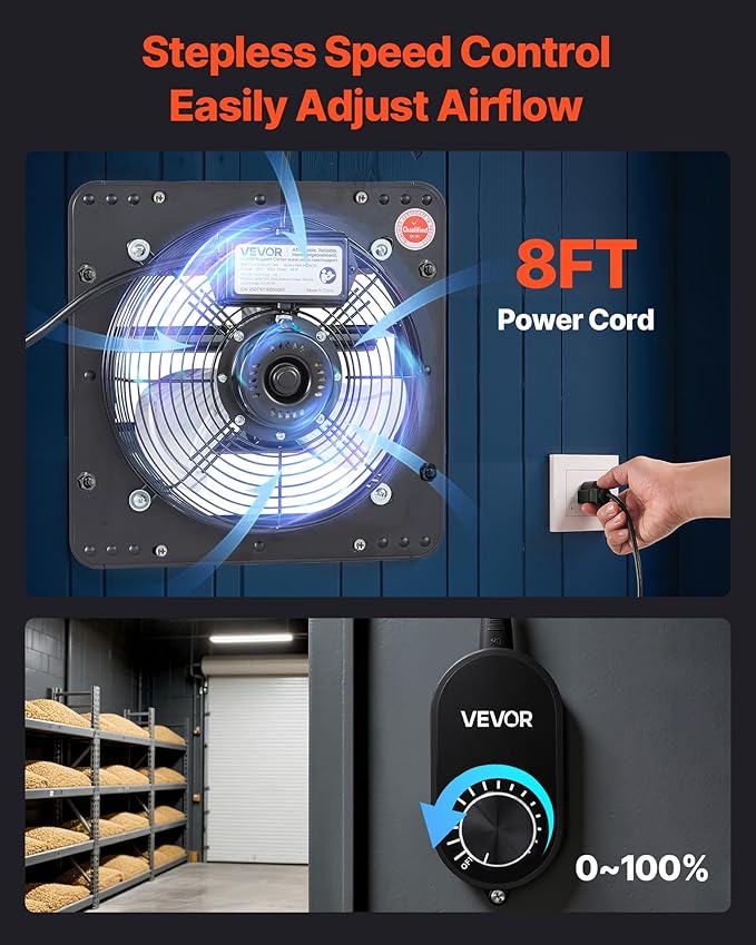 VEVOR 10'' Exhaust Fan, Wall Mounted Attic Fan with Variable Speed controller, 900 CFM, Automatic Shutter, Ventilation and Cooling, Black