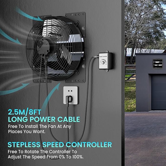HG Power 16 Inch Attic Fan with Speed Controller, 1681 CFM Shutter Exhaust Fan with EC Motor, Wall Mounted Greenhouse Fan for Shed, Basement, Gable, Chicken Coop Ventilation Use, Black