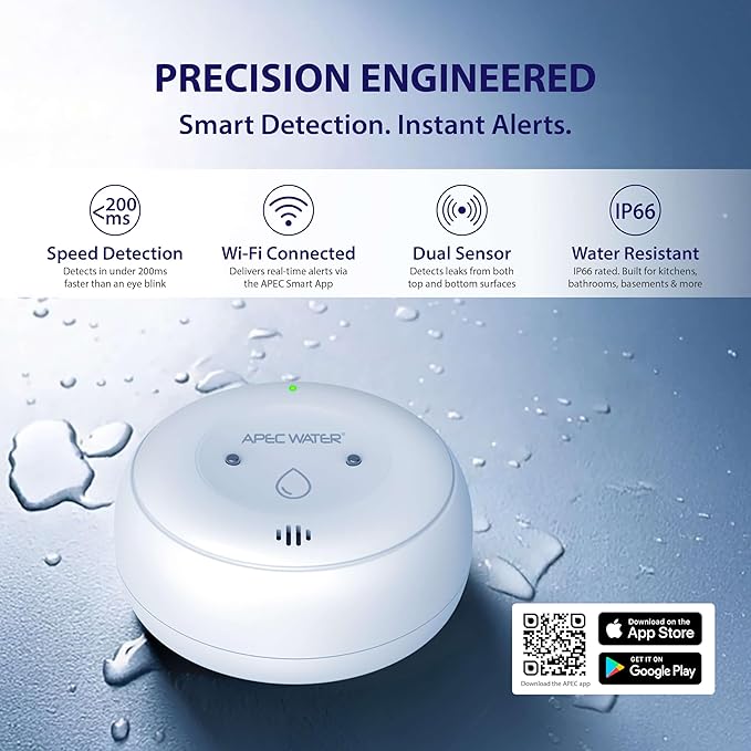 APEC WATER WiFi Water Leak Detector for Home, App Connected get Real-Time Alerts, Highly Reliable Dual Sensor Wet Moisture Detection (1PK)