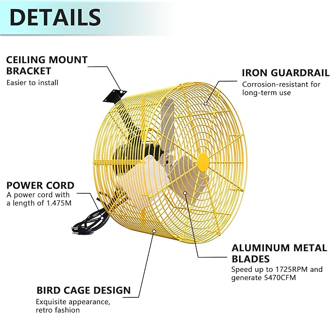 Greenhouse Circulation Fan Air Circulation Fan 1/3 HP 115V Ceiling Wall Mount Fan High Speed Circulation Fan for Greenhouse, Warehouse, Patio, Garage 5470CFM, ETL Listed