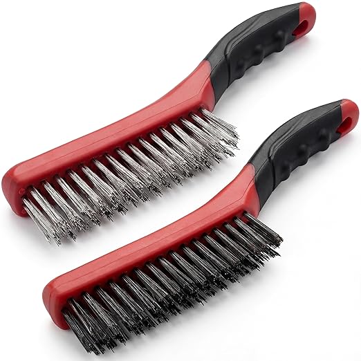 TAKAVU Heavy Duty Wire Brush Set 2pcs, Carbon Steel and Stainless Steel Wire Scratch Brush with 10" Curved Plastic Handle for Cleaning Rust, Paint, Welding