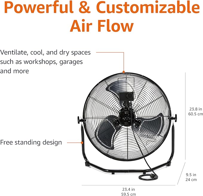 Amazon Basics 20" High Velocity Industrial Cooling Floor Fan with 3 Speeds, Tilt Head, ETL-Listed Safety Compliance, Metal Housing and Blades, for Commercial Space/Garage/Gym, 125W, Black
