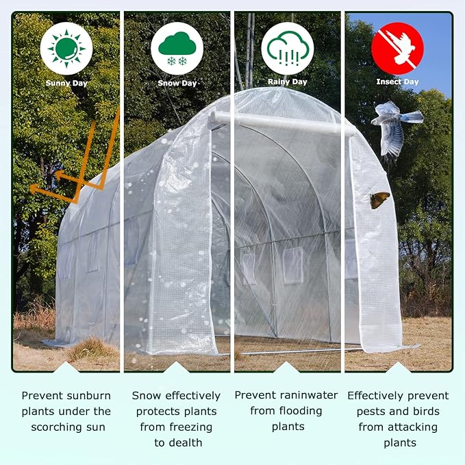 KANAGAWA 10'x7'x 7' Walk-in Tunnel Greenhouse with Watering System Heavy Duty Portable Green House Protect Gardening Plants 1 Zipper Mesh Door, 6 Roll-up Windows, Thickened galvanised Steel,White