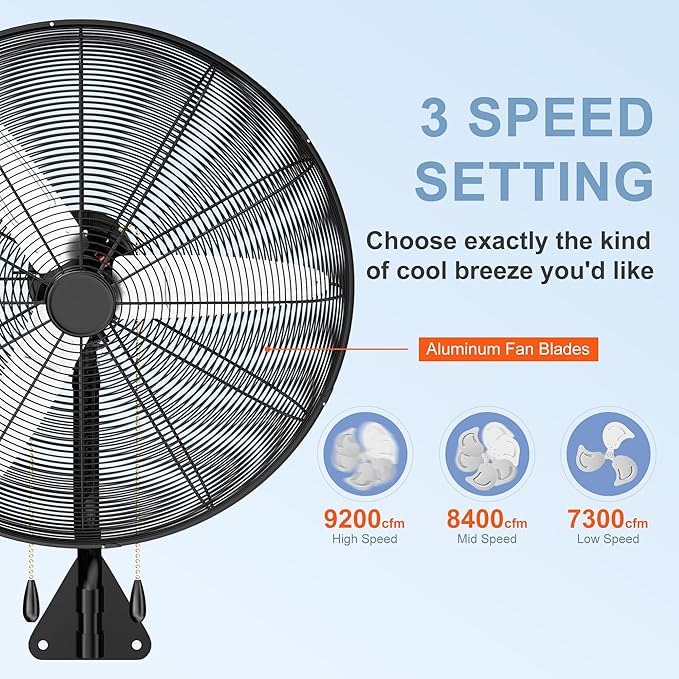 MEPTY 26" Wall Mount Fan, Heavy Duty Industrial Wall Fan, High Velocity Oscillating Fans with 3 Speeds for Patio, Shop, Greenhouse, Garage, Commercial, Household use