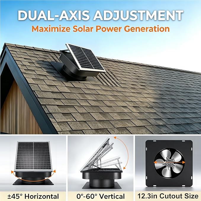 35W Solar Attic Fan with Thermostat, High-Efficiency Copper Motor Roof Vent, 24/7 Heavy-Duty Solar Powered Exhaust Fan for Home, Garage, Greenhouse & Shed, Cools up to 2800 sq.ft