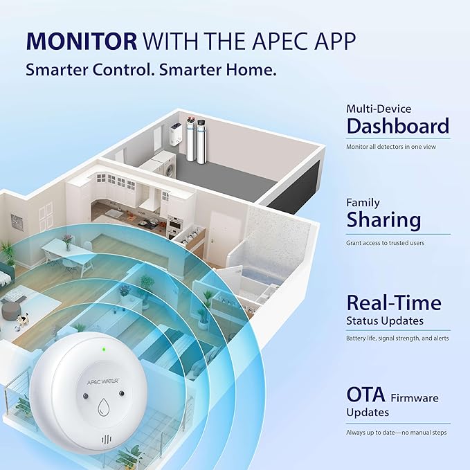 APEC WATER WiFi Water Leak Detector for Home, App Connected get Real-Time Alerts, Highly Reliable Dual Sensor Wet Moisture Detection (1PK)
