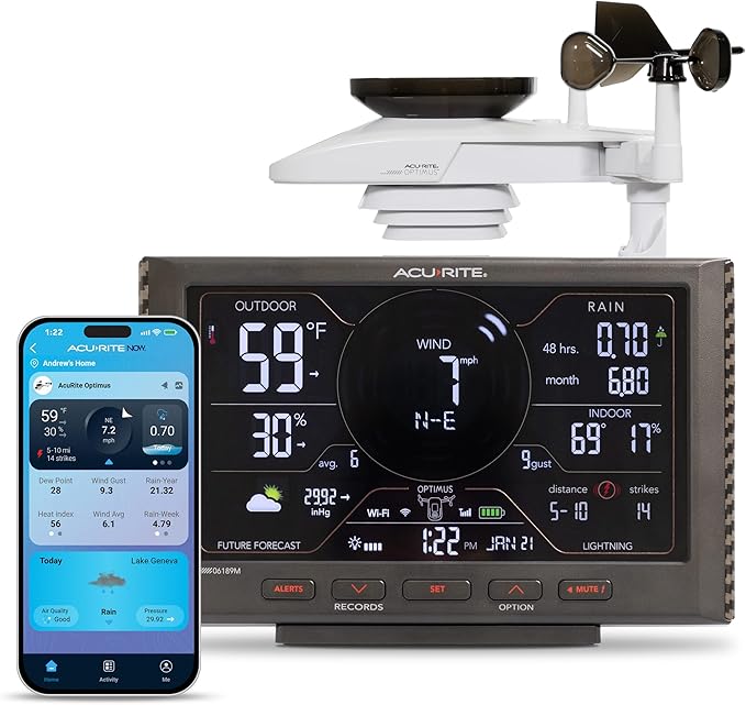 AcuRite Optimus Weather Station with Wi-Fi Display, Built-in Barometer, Lightning Detection, Indoor/Outdoor Temperature and Humidity, Wind Speed/Direction, and Rainfall Measurements (01224MCB)