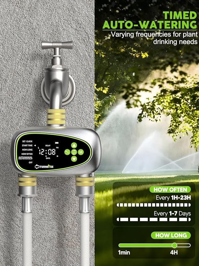 Hose Timer 2 Outlet- Irrigation Timer for Garden Water Hose with Soil Moisture Sensor, Rain Delay & Brass Inlet Programmable Sprinkler, Automatic Drip Irrigation System for Yard Lawn Greenhouse