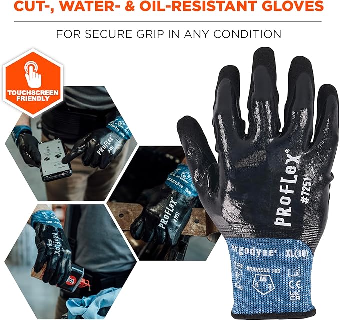 Ergodyne ProFlex 7251 Fully Coated Nitrile Work Gloves, Oil/Water Resistant, ANSI/ISEA 105-2016 A5 Cut Resistance, Touchscreen Capable