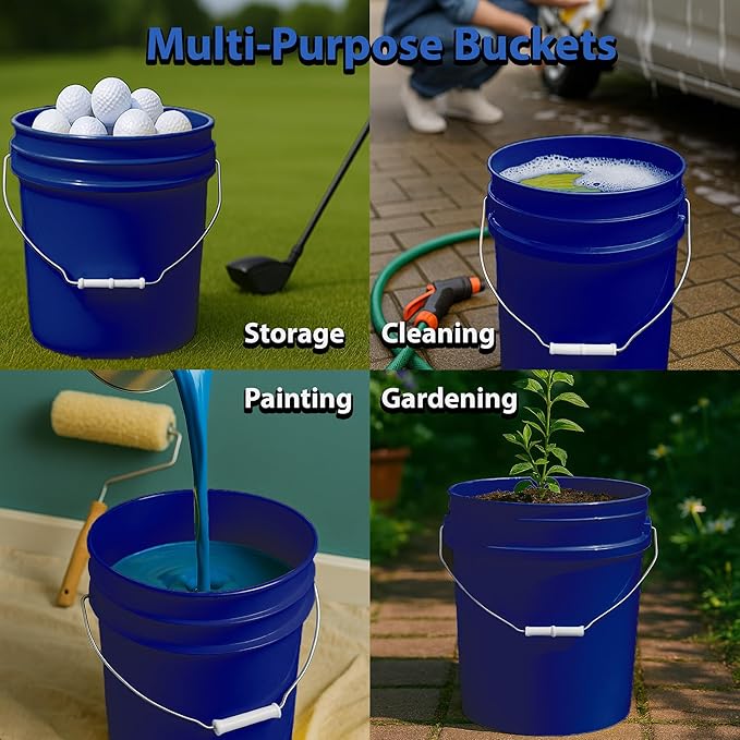 MKS Plastics 5-Gallon Bucket with Airtight Lid – Made in USA, Food Grade BPA Free Plastic, Heavy Duty Multi-Use, Metal Handle with Grip, Stackable Storage – Fina Blue, 3 Pack