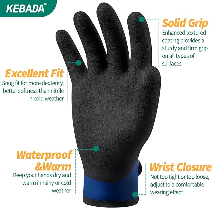 Kebada T2 Waterproof Winter Work Gloves for Men and Women - Thermal Insulated Freezer Gloves for Working in Freezer for Cold Weather, 100% Latex Coating, Wrist Closure, 1 Pair, Blue, Medium