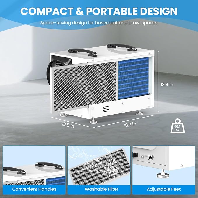 CADPXS Crawl Space Dehumidifier, 125 Pints Commercial Dehumidifiers with Drain Hose, Dehumidifier for Crawlspace, Basements & Water Damage Use, Auto Defrost, cETL Listed, 5 Years Limited Warranty