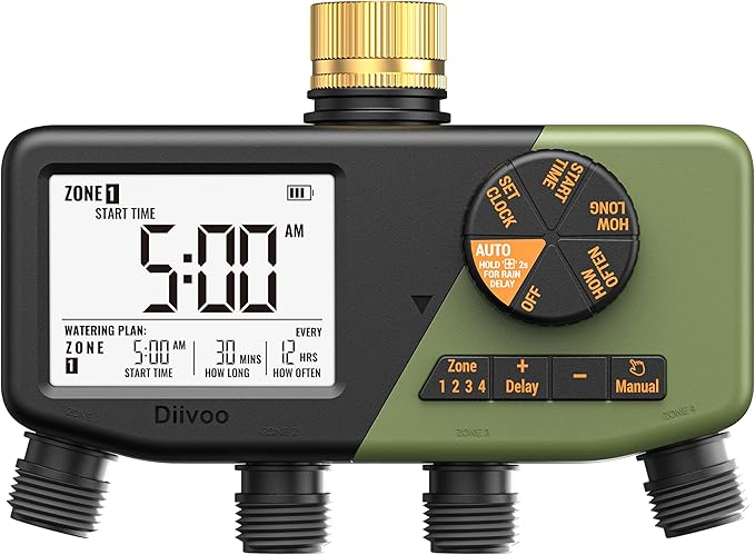 Diivoo 4 Zone Sprinkler Timer with Brass Inlet, IP68 Waterproof 4 Zone Water Timer with Large Display, Digital Control & Rain Delay & Manual Watering for Garden Hose, Lawn, Yard