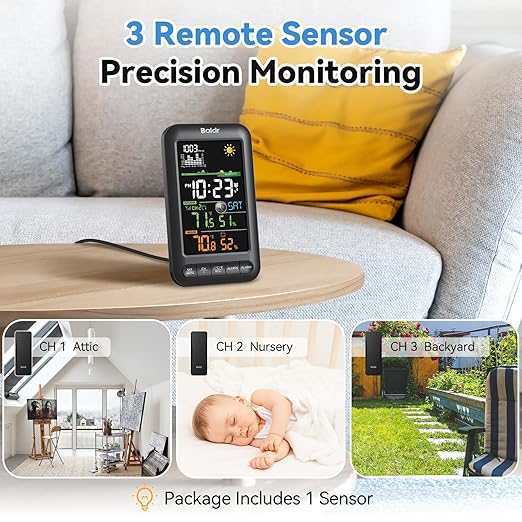 BALDR Digital Color Weather Station Vertical Display with Remote Sensor,12H Forecast,Temperature,Humidity and Atomic Clock,Adapter Powered with Backup Battery,Wireless Indoor Outdoor Thermometer,Black