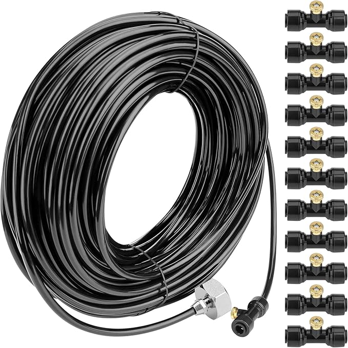 Misting Cooling System 98.4FT (30M) Misting Line + 50 Brass Mist Nozzles + 50 T-Connectors + 1 Faucet Adapters (3/4") Outdoor Mister for Patio Garden Greenhouse Trampoline for Waterpark