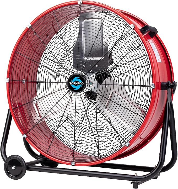 Tornado 8800 CFM Wide Version Metal Drum Fan 24 Inch High Velocity Fan Heavy Duty Tilt Red Commercial, Industrial Use 3 Speed - 8 FT Cord UL Safety Listed