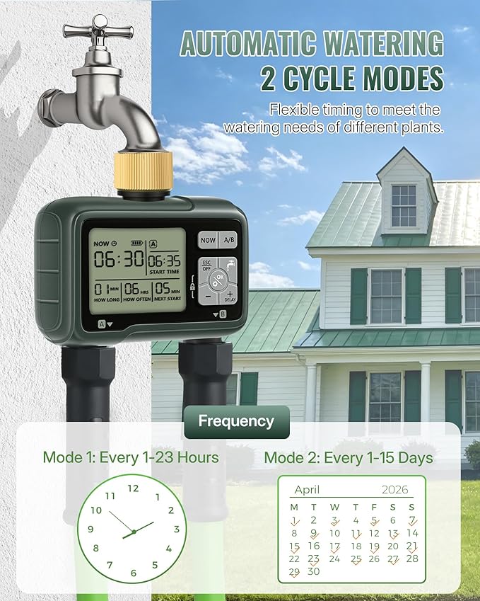2 Zone Brass Sprinkler Timer, Garden Hose Timer, Automatic Irrigation System, Programmable Faucet, 2 Outlets, with Rain Delay, Manual Mode,Child Lock, for Yard, Garden, Lawn, Green E12WT06