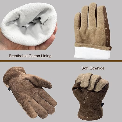 Leather Work Gloves for Men Women with Cotton Lining, Thorn Proof Gardening Gloves for TIG/MIG Welding, Construction (Brown,Medium)