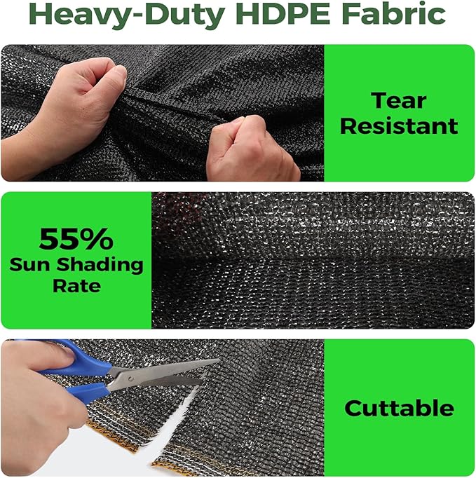 55% Shade Cloth for Garden,HDPE Cuttable Sun Shade for Plants,Mesh Garden Shade Cloth for Greenhouse Vegetables,Plant Heat Protection Black Cover for Patio Raised Bed (6×10FT)