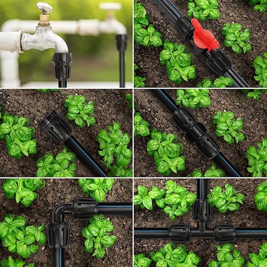 21 Pieces1/2 Inch Drip Irrigation Fittings Kit, 1/2'' Drip Line Barbed Locked Connectors for 1/2 Inch Irrigation Tubing (1/2" ID x 0.650" OD) Coupling Tee Elbow Plug Valve Faucet Adapter