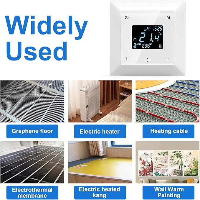 Touchscreen Programmable Thermostat for Electric Floor Heating System, 7-day Timing Settings Backlight LCD Display Safety Lock Automatic Calibration Low Temperature Protection NTC Floor & Air Sensing