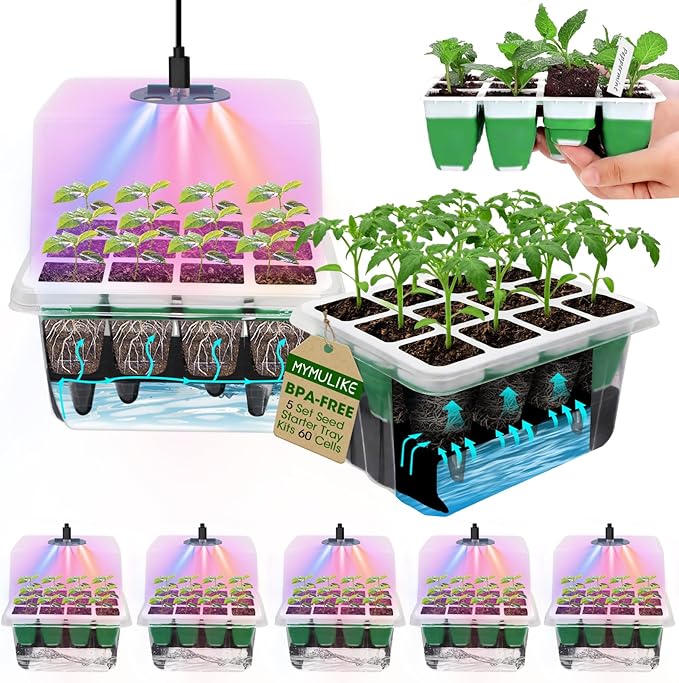MYMULIKE Seed Starter Tray with Grow Light,5 Pack 60 Cells Seedling Tray Kit Reusable & Dishwasher Safe for Starting Vegetable, Flower & Herb Seeds Indoor Grow Kit for Deep-Rooted Seedlings