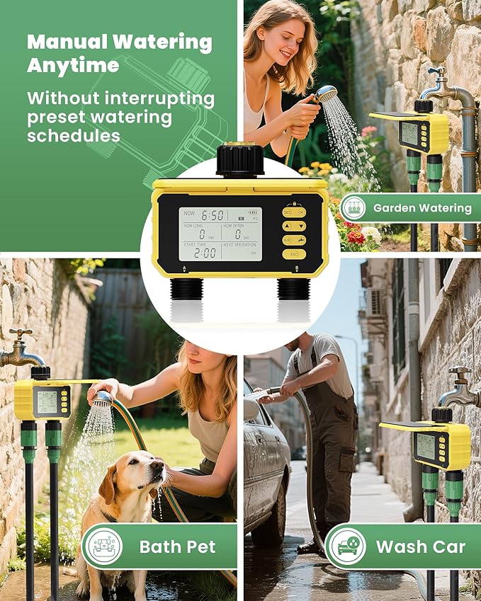 Sprinkler Timer, Solar Energy Water Timer for Garden Hose, Outdoor 2 Zone Hose with Rain Delay/Automatic/Manual Watering System, Digital Programmable Faucet Timing Irrigation for Lawn, Yard(No WiFi)