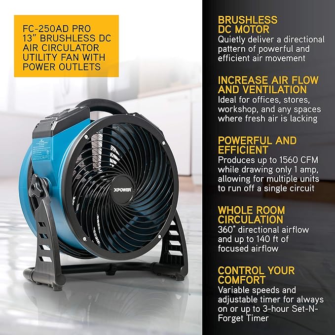 XPOWER FC-250AD DC Motor Heavy Duty Industrial High Velocity Whole Room Air Mover Air Circulator Utility Floor Fan with Daisy Chain, Variable Speed, Timer, 13 inch, 1560 CFM