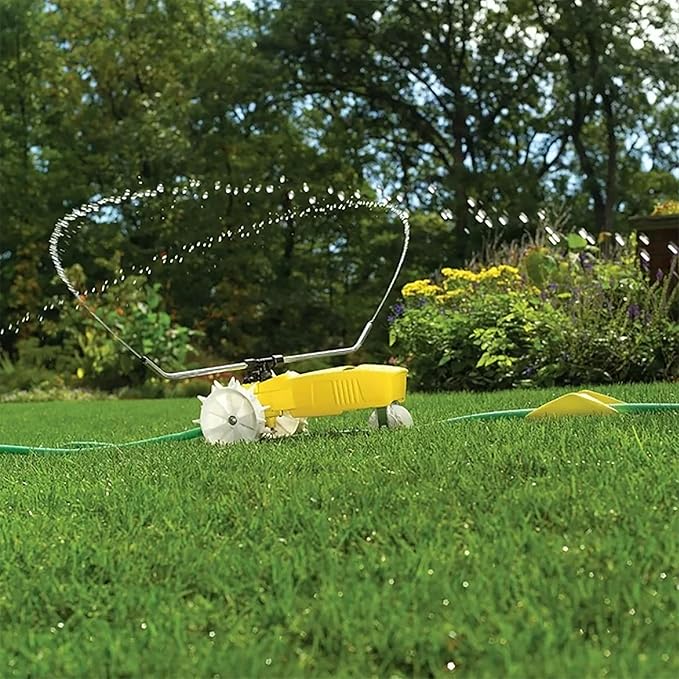 Nelson Rain Train 13,500 Square Feet Cast Iron Outdoor Lawn Traveling Water Sprinkler for Yard, and Garden, with Auto Shut Off, Yellow