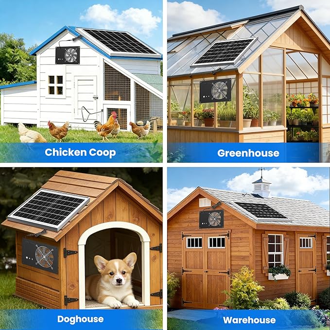 Solar Fan for Chicken Coop with Battery and Timer, 25W 15000 mAh Solar Powered Exhaust Fan for Greenhouse, Outdoor, Shed, Vent, Doghouses, Windows, RV, High Wind Speed, Rainproof