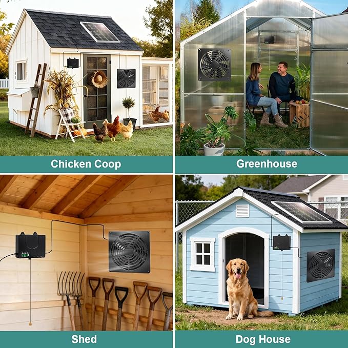 Solar Powered Fan for Chicken Coop, 12000mAh Battery Runs Day and Night, 7.1in Waterproof Exhaust Fan with Pull String Switch, USB-C & Solar Dual Power, Timer 4/8H for Shed Greenhouse Doghouse