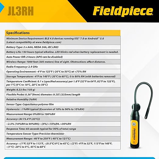 Fieldpiece JL3RH Job Link System Flex HVACR Wireless Psychrometer Probe – 1000 ft Bluetooth Range with Flexible Wand - Supply/Return Switch - Water-Resistant - HVAC Diagnostic Tool