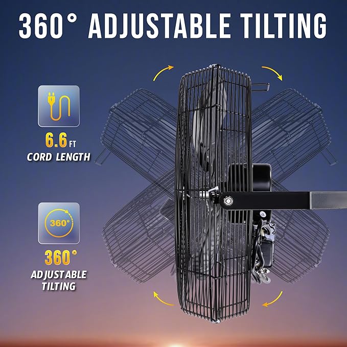 Tornado 18" Outdoor IPX4 Rated Water-Resistant Metal Industrial Wall Mount Fan, 3 Speed High Velocity Wall Fan For Commercial, Industrial, Residential Use, 4150 CFM 6.6 FT Cord 180°Tilting, Black