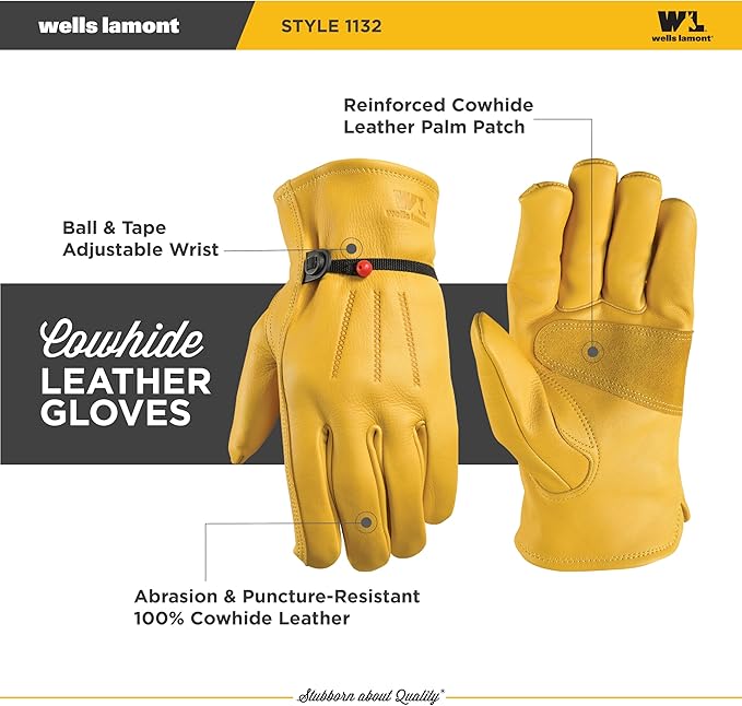 Wells Lamont Leather Work Gloves for Men – Heavy Duty, Cowhide, Abrasion & Puncture Resistant – Adjustable Wrist, Gunn Cut Design, Ideal for Ranching, Farming, Construction - Saddletan - M