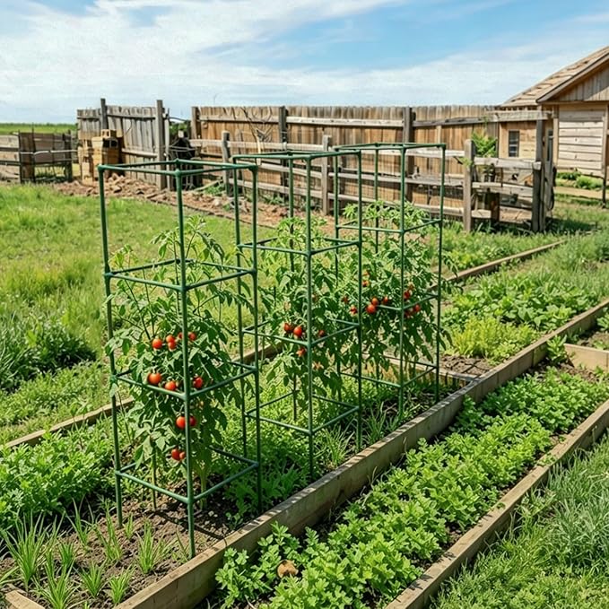 ZeeDix 4 Pack Tomato Cages for Garden 60 Inches, Heavy Duty Square Adjustable Tomato Trellis Cage Climbing Plant Support Trellis Plant Cages for Climbing Vegetables Flowers with 40Pcs Clips