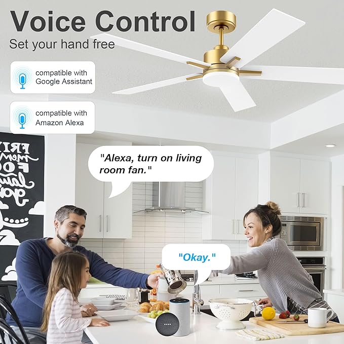 Lorpies 52” Smart Ceiling Fan with LED Lights Remote,Quiet DC Motor,Voice Control via Alexa Google WIFI Phone,Outdoor Indoor Modern Ceiling Fans,Dimmable,for Bedroom Patio Porch,Gold and White Black