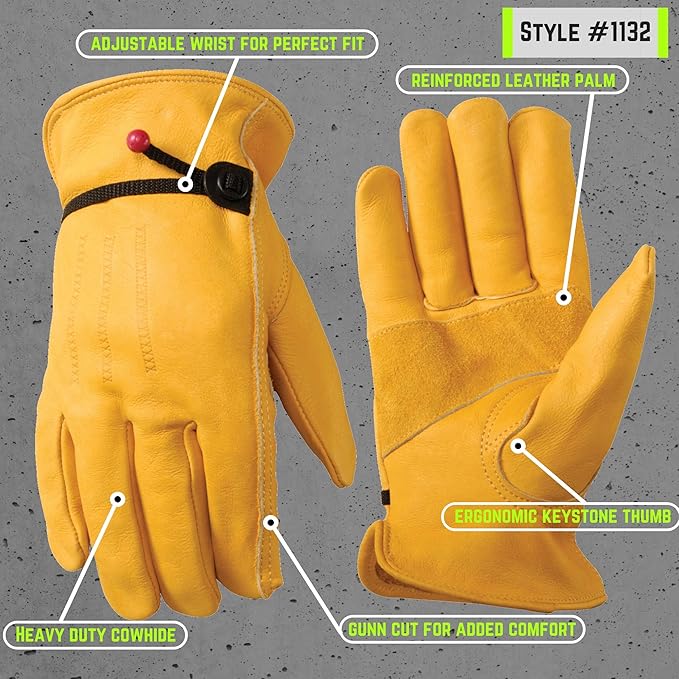 Wells Lamont Leather Work Gloves for Men – Heavy Duty, Cowhide, Abrasion & Puncture Resistant – Adjustable Wrist, Gunn Cut Design, Ideal for Ranching, Farming, Construction - Saddletan - M (Pack of 2)