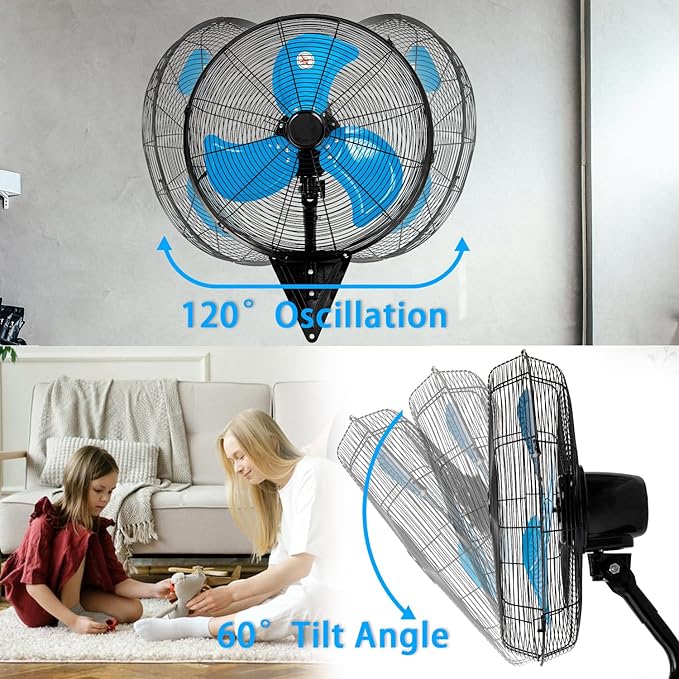 20" Wall Mount Fan, 7100CFM Heavy Duty Wall Fan with 3-Speed & Adjustable Tilt, High Velocity Industrial Oscillating Fans for Garage, Factory, Patio, Indoor, Porch, Shop & Commercial Use - ETL Listed