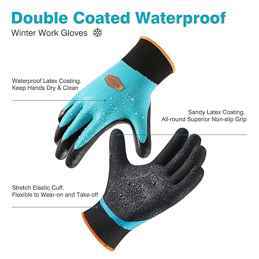 COOLJOB Waterproof Winter Freezer Gloves for Working Gardening Fishing Construction Worker, Double Coated Rubber for Warehouse Cold Refrigeration House, 1 Pair Large Blue
