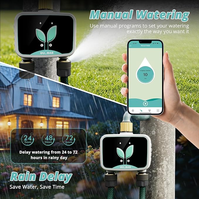 QUOBAS Smart WiFi Water Timer for Garden Hose, 2 Zone Brass Sprinkler Timer with App Control & Rain Delay/Auto/Manual 3 Modes for Drip Irrigation, Pool & Lawn, Battery Powered, 2.4GHz WiFi Only