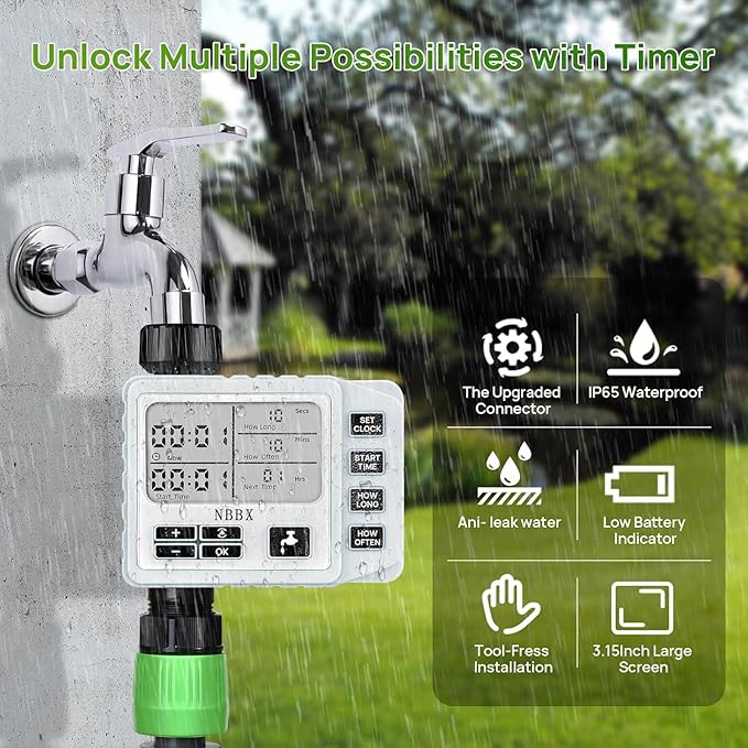 NBBX Sprinkler Timer for Garden Hose - Smart Water System with Rain Delay, Manual & Automatic Modes, IP54 Waterproof, Easy-Install Outdoor Faucet Timer for Lawn & Garden Care