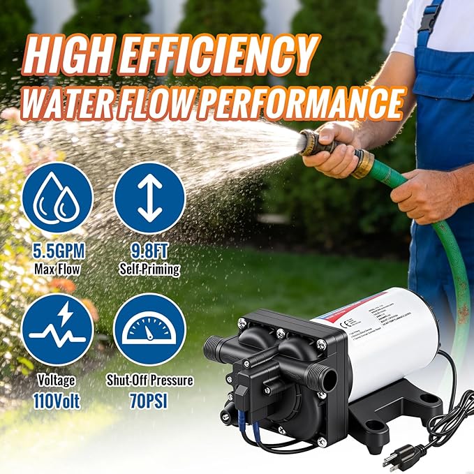 YOUNGTREE Water Pressure Diaphragm Pump 110V AC 5.5GPM 70PSI Self Priming RV Water Transfer Pump 110 Volt On Demand for Home Kitchen RV Garden Irrigation Car Washing Rain Barrel Lawn Camper