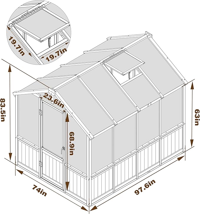 Yardenaler 6x8 FT Greenhouse Kit for Outdoor, 6MM Thick Polycarbonate Panel Wooden Walk-in Green House with Lockable Door and Adjustable Roof Vent, Backyard Garden, Light Mocha Brown
