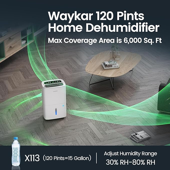 Waykar 120 Pints 2025 Energy Star Home Dehumidifier for Spaces up to 6,000 Sq. Ft, Ideal for Basement, Bathroom and Large Room with Drain Hose, Portable, Auto Defrost and Self-Drying