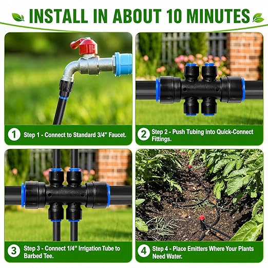 230FT Drip Irrigation System Kit, Quick Push-to-Connect Garden Watering System with 1/2'' & 1/4'' Tubing, Adjustable Drippers & Sprayers, Auto Irrigation System for Raised Bed, Lawn, Greenhouse