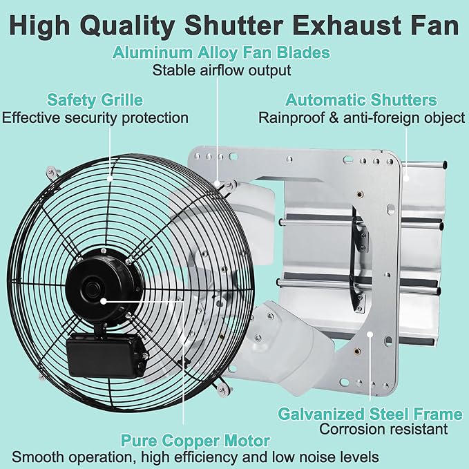 14 Inch Shutter Exhaust Fan with Speed Controller and Power Cord, High Power Wall Mount Attic Fan for Greenhouses, Sheds, Garages, Chicken Coops, Barns Ventilation, 1088 CFM