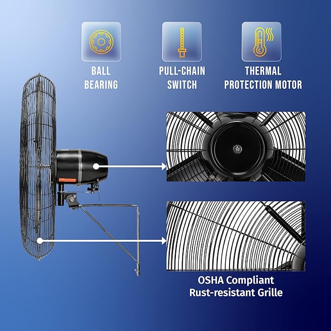Tornado 30 Inch Outdoor Rated IPX4 Water-Resistant High Velocity Oscillating Wall Mount Fan For Industrial Use TEAO Motor 2 Speed 8400 CFM cETL Listed