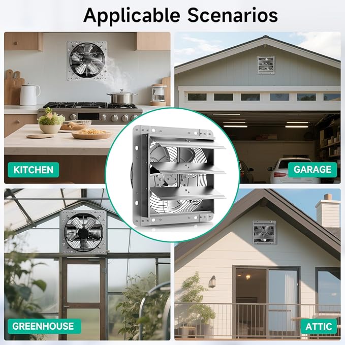 10 Inch Shutter Exhaust Fan, 5-Blade 1160 CFM Wall Vent Fan with Ball Bearing Motor, Automatic Shutter, Built-in Switch for Garage Shed Greenhouse Ventilation