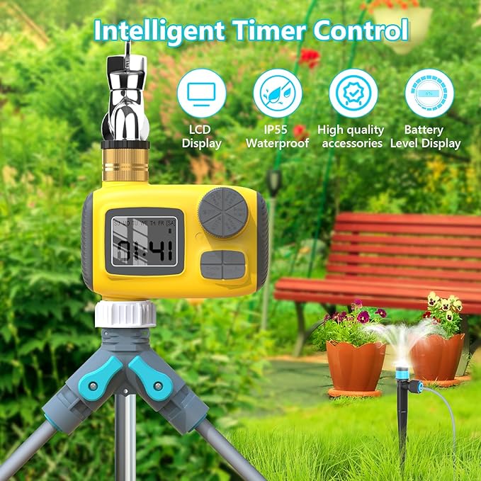Automatic Drip Irrigation Kit with Water Timer, 100ft Garden Watering System with Y-Diverter, Fast-Plug Misting & Drip Irrigation System for Patio, Lawn, Flower Bed, Greenhouse & Yard Care